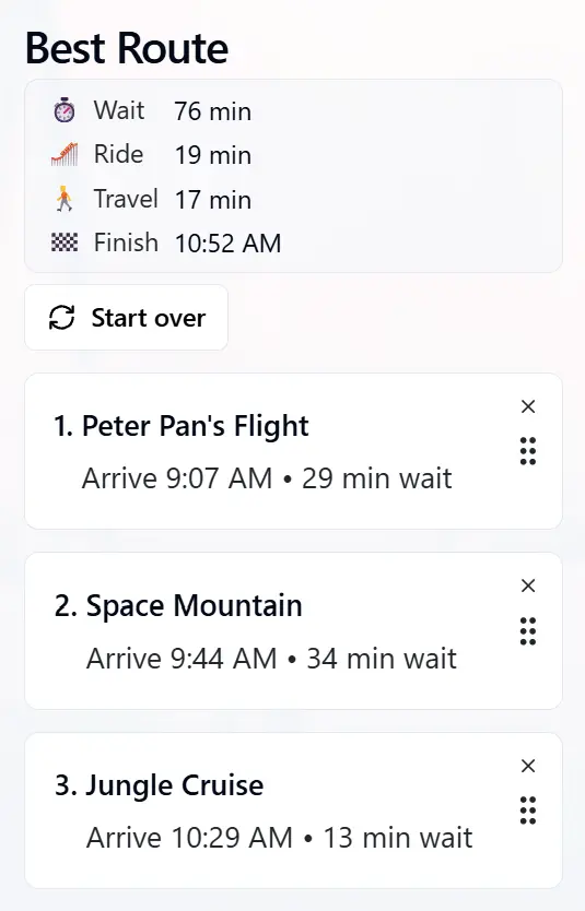 App screenshot showing optimized ride plan