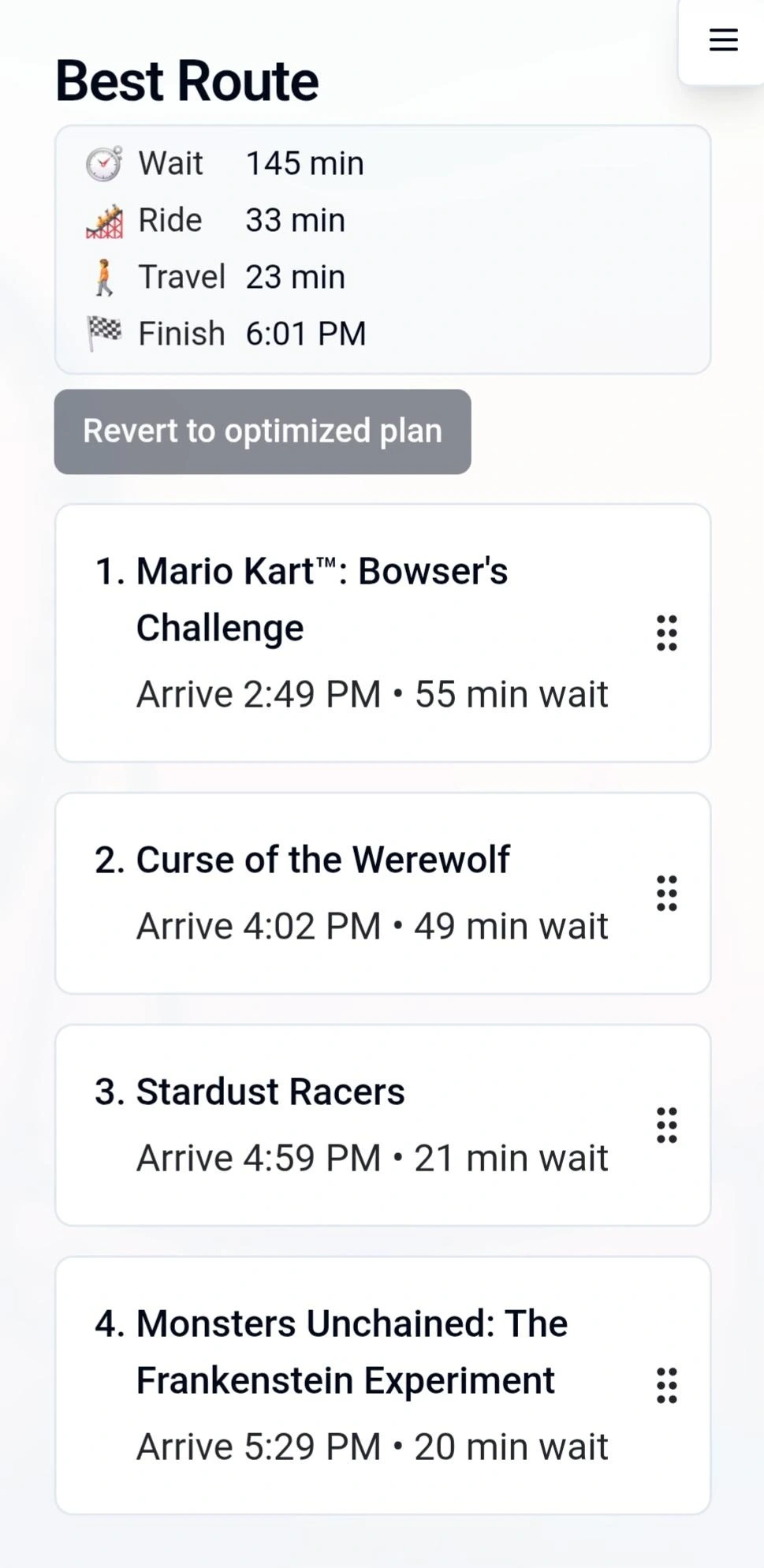 App screenshot showing optimized ride plan