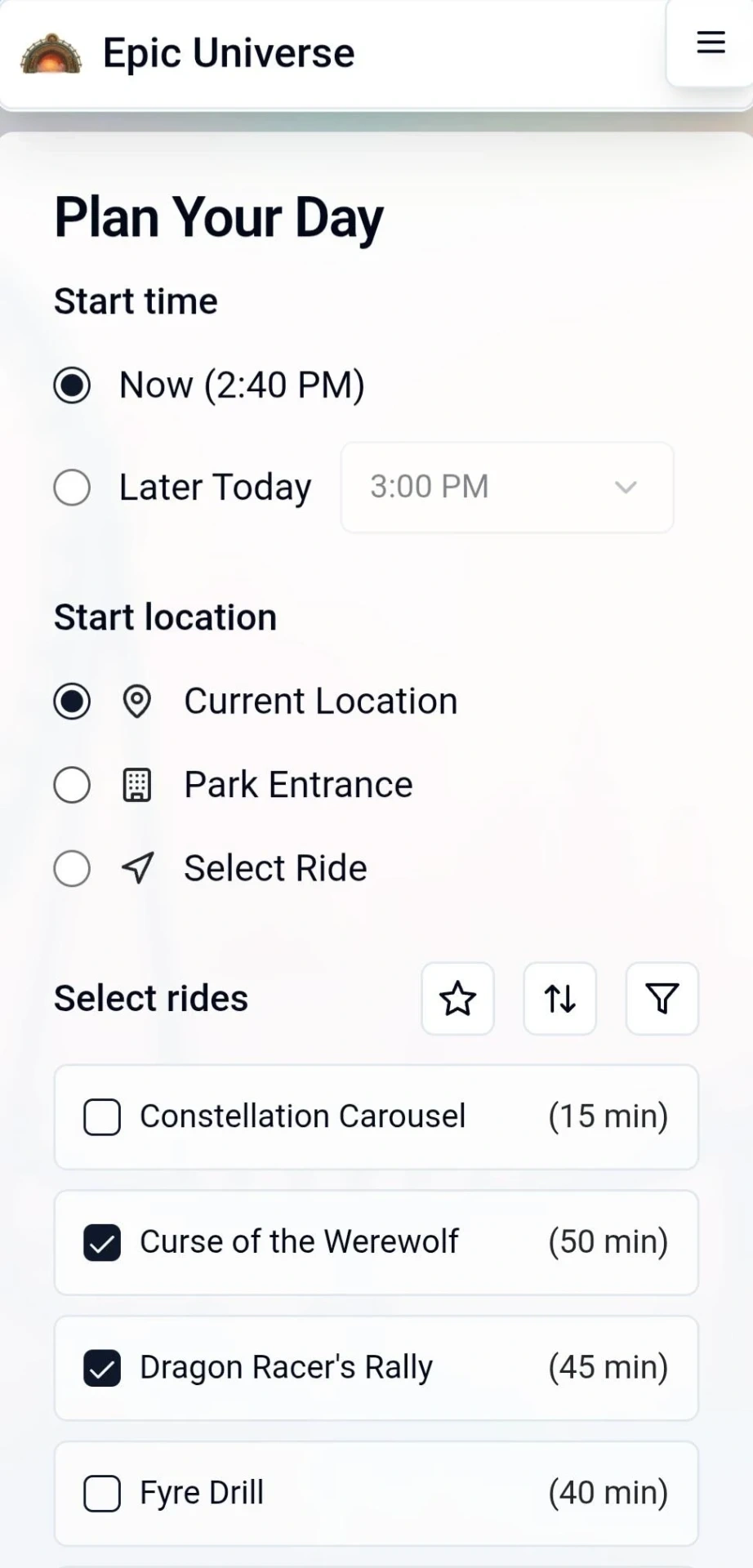 App screenshot showing ride selection