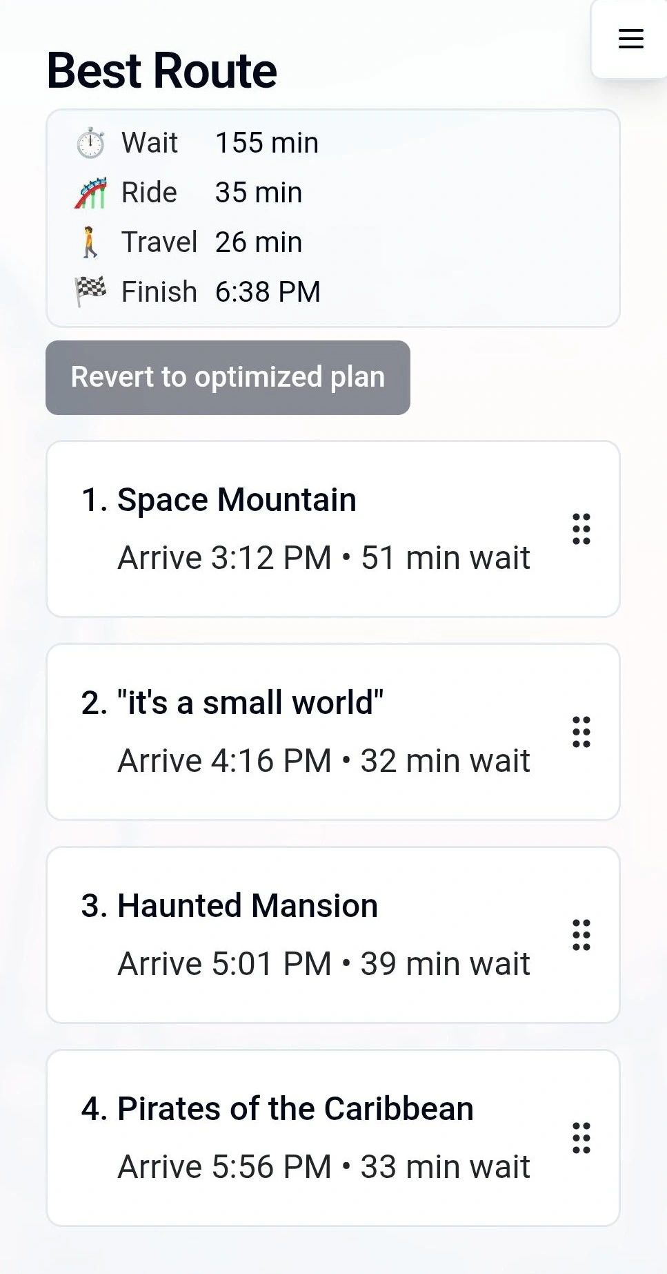 App screenshot showing optimized ride plan